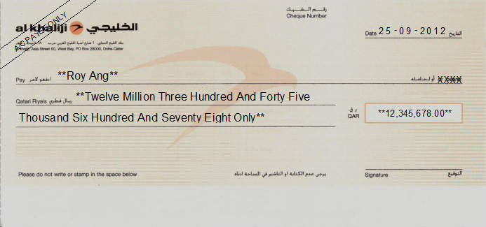 Printed Cheque of Al Khaliji Bank in Qatar Printed Cheque of Al Khaliji Bank in Qatar