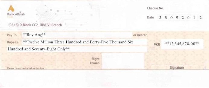 Free Online Cheque Writer for Bank Alfalah - Premier in Pakistan