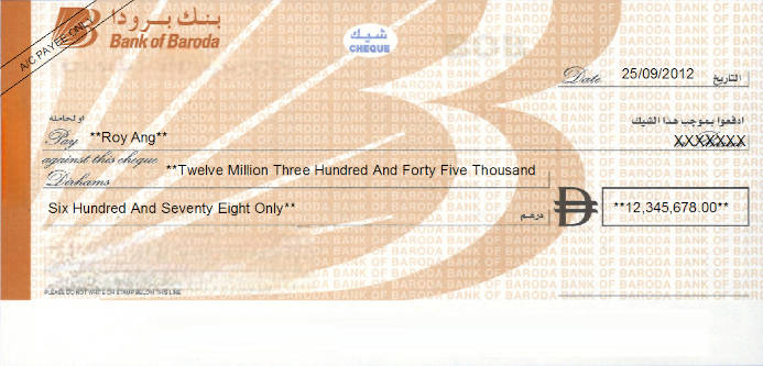 Printed Cheque of Bank of Baroda UAE