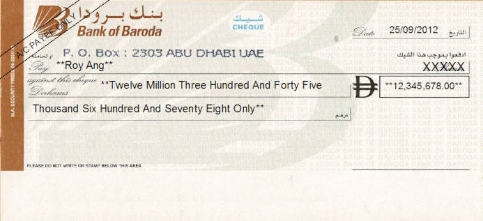 Printed Cheque of Bank of Baroda (Personal) UAE