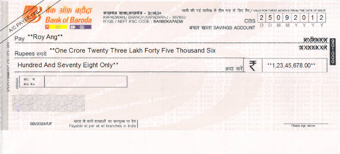 Printed Cheque of Bank of Baroda (Savings Account) India Printed Cheque of Bank of Baroda (Savings Account) India