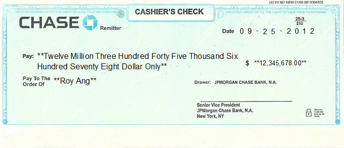 Printed Check of JP Morgan Chase Bank in United States