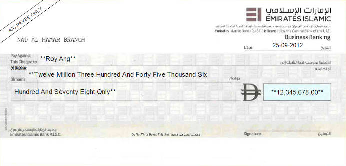 Printed Cheque of Emirates Islamic Bank (Business Banking) in UAE