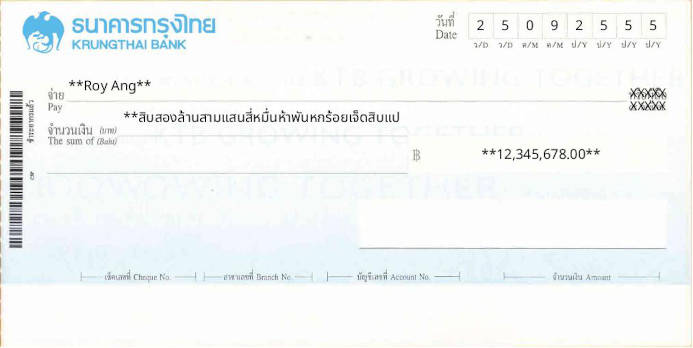 Free Online Cheque Writer for Krungthai Bank in Thailand