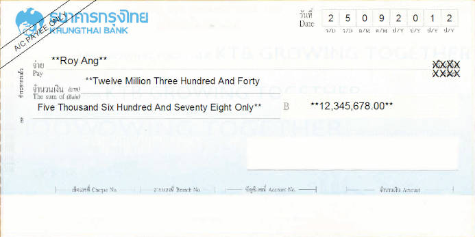 Printed Cheque of Krungthai Bank in Thailand
