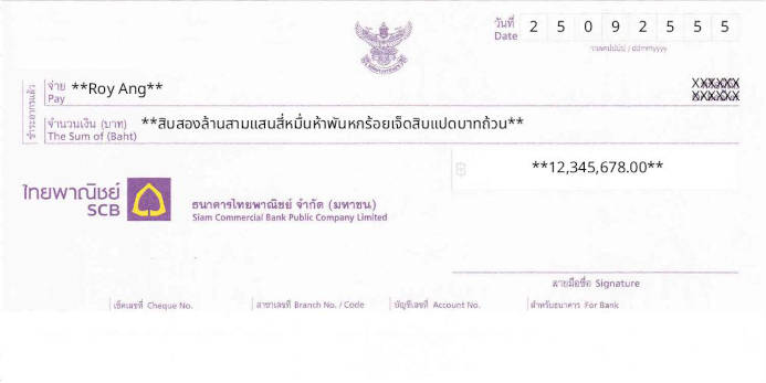 Printed Cheque of Siam Commercial Bank (SCB) in Thailand Printed Cheque of Siam Commercial Bank (SCB) in Thailand
