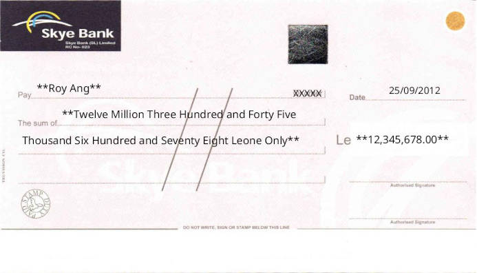 Printed Cheque of Skye Bank in Sierra Leone