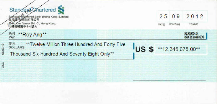 Printed Cheque of Standard Chartered Bank (USD) in Hong Kong (香港渣打銀行)