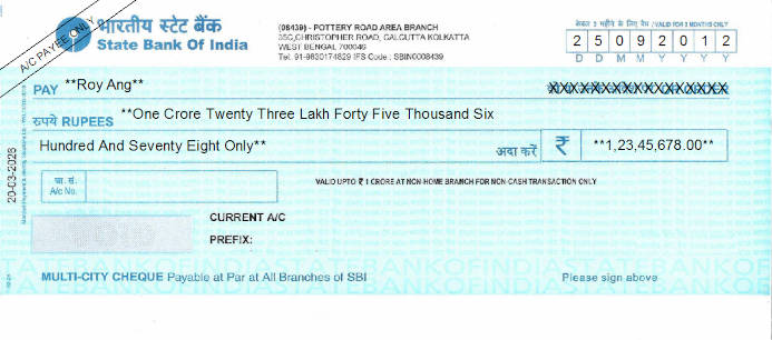 Printed Cheque of State Bank of India