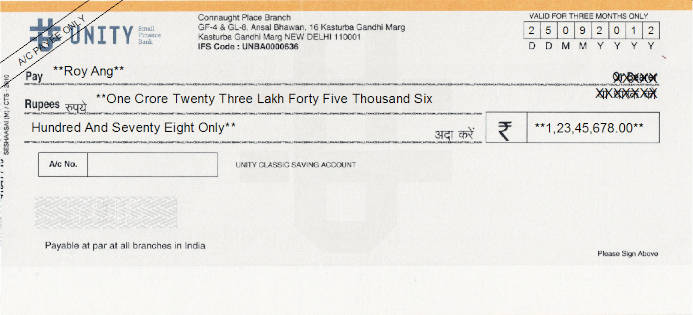 Printed Cheque of Unity Small Finance Bank (Classic Saving Account) in India Printed Cheque of Unity Small Finance Bank (Classic Saving Account) in India